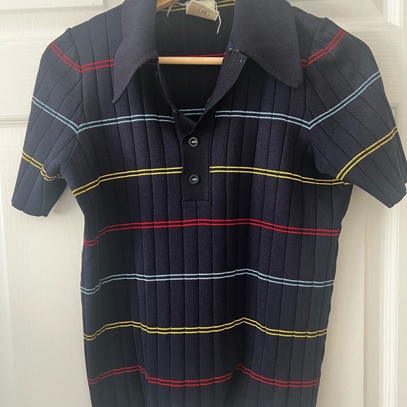 Vintage 80s Navy Striped Women's Polo Shirt - Picture 1 of 4